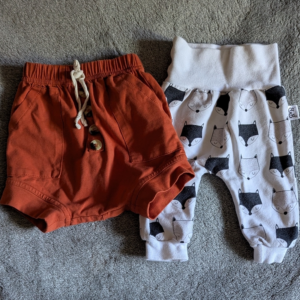 Rust Shorts & Cute Fox Print Pants 0-3 mo Gender Neutral